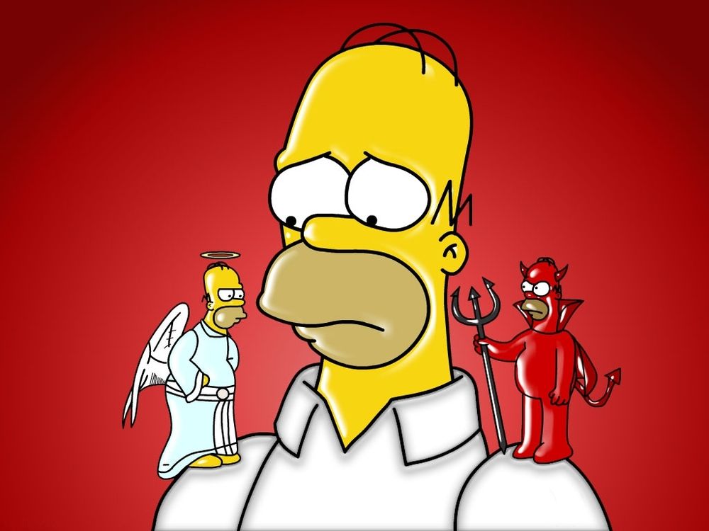만화캐릭터 심슨의 왼쪽어깨에 천사심슨, 오른쪽어깨에는 악마심슨이 서있는 그림
